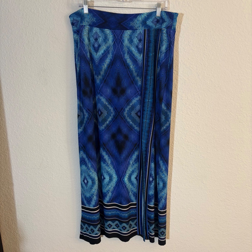 Chico's Maxi Skirt Womens 2 Blue Geometric Side Slit Jersey Stretch